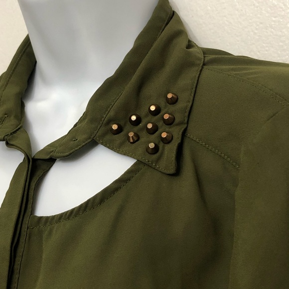 Foreign Exchange Olive Green Long Sleeve Blouse Button-Up Collar Studs Preowned - Picture 3 of 8